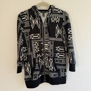 Ralph Lauren Womens Aztec Hoodie Sweater Cardigan Medium Southwestern 3/4 Sleeve